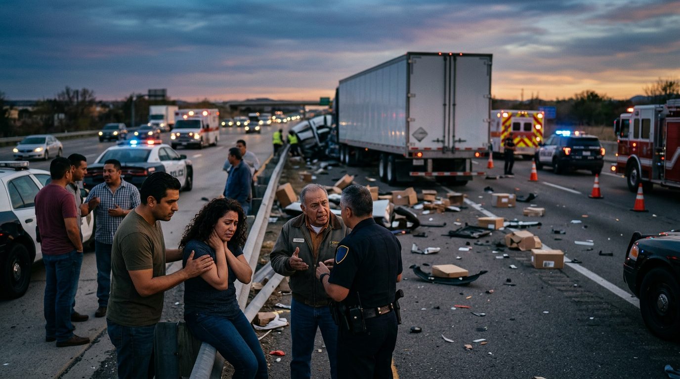 Accidente grave de camión comercial en carretera al atardecer con personas hispanas.