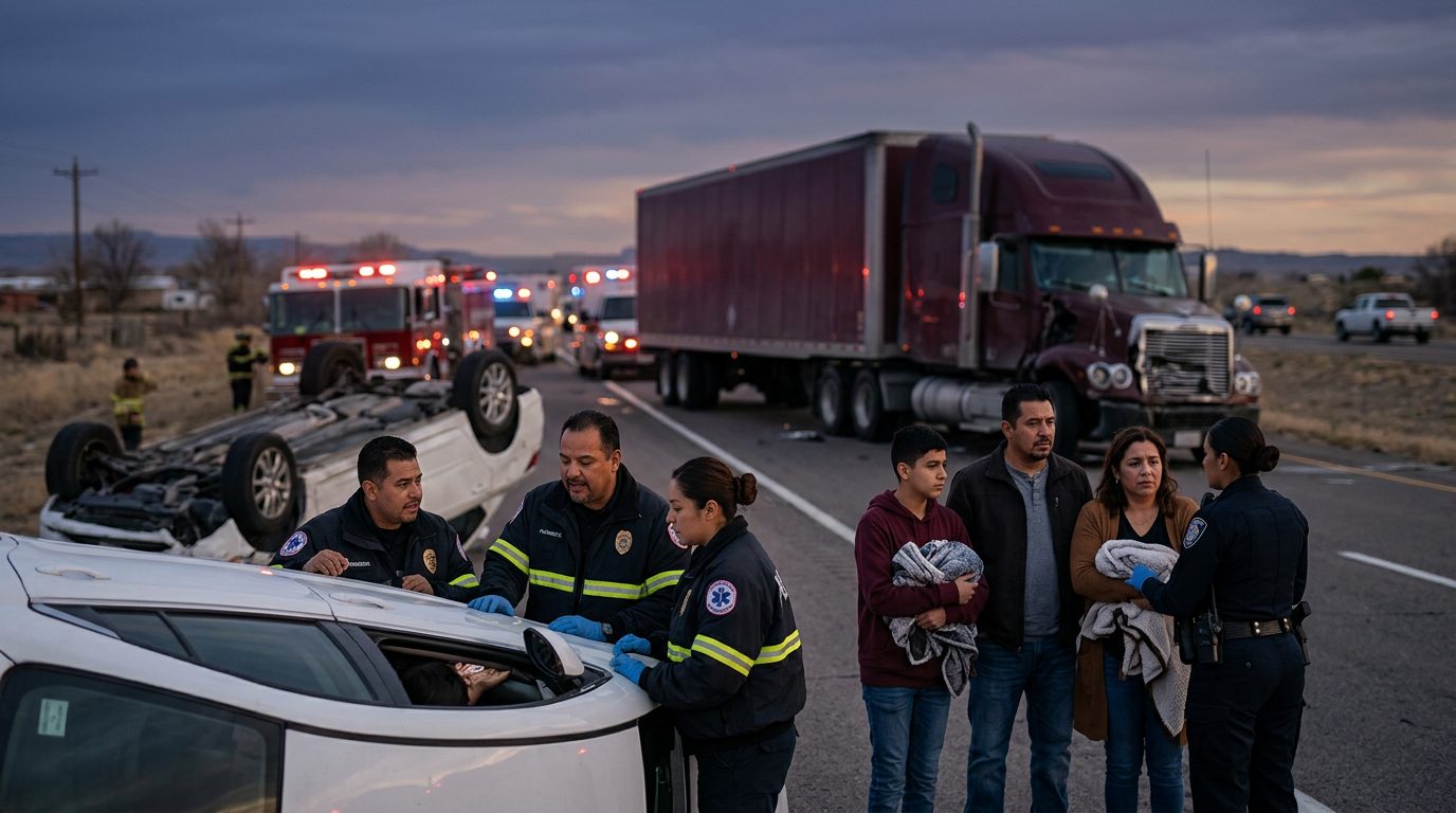 Accidente grave de camión comercial en carretera al atardecer con personas hispanohablantes.