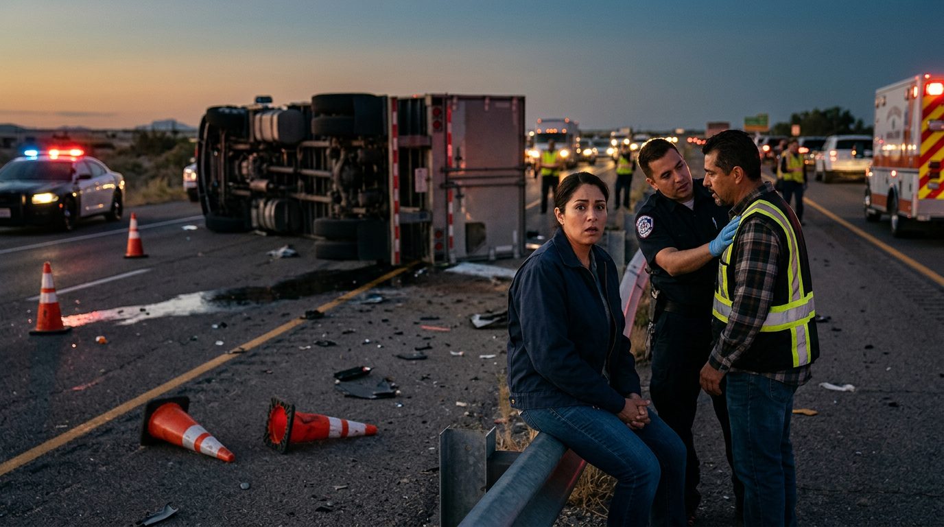 Accidente grave de camión comercial en carretera al atardecer con personas hispanas.
