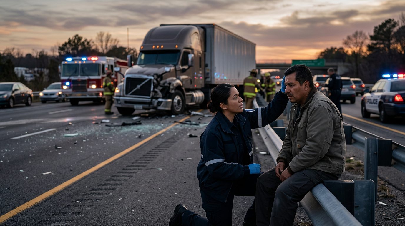 Accidente grave de camión comercial en carretera con personas hispanas al atardecer.