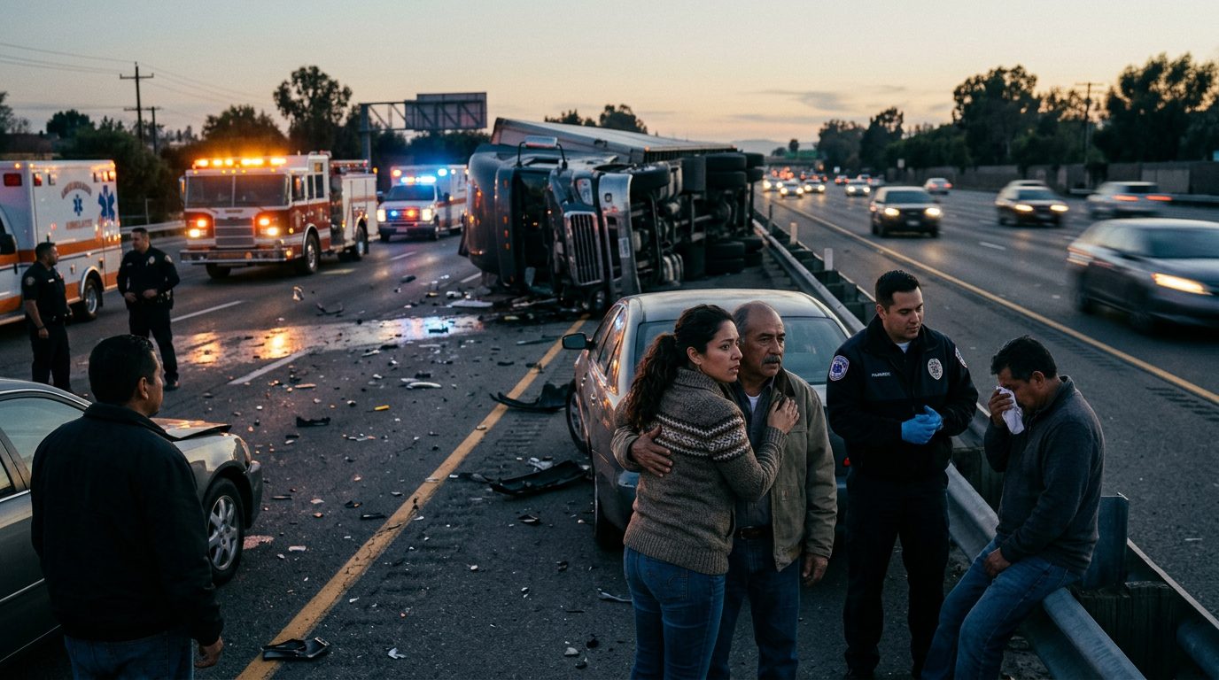 Accidente grave de camión comercial en carretera con víctimas hispanohablantes.