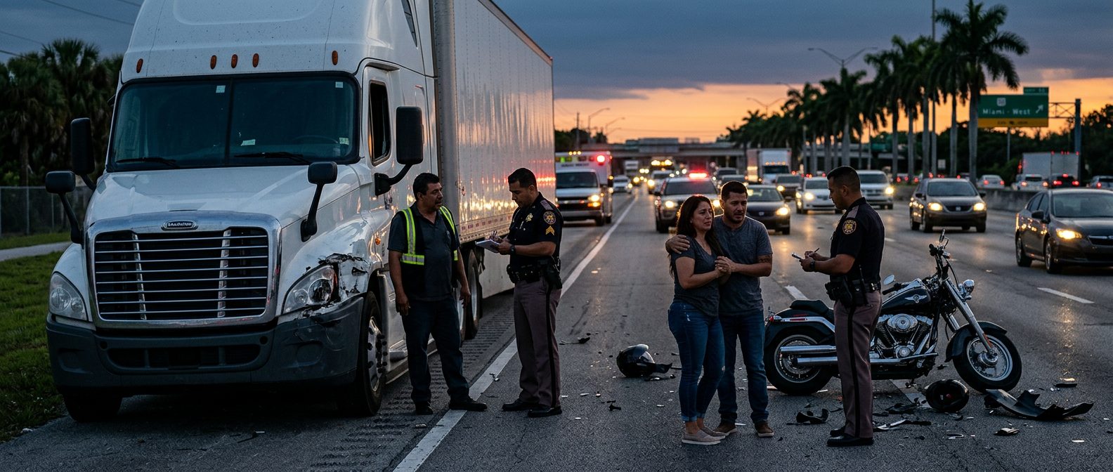 Accidente grave entre camión comercial y motocicleta en carretera al atardecer en Florida.