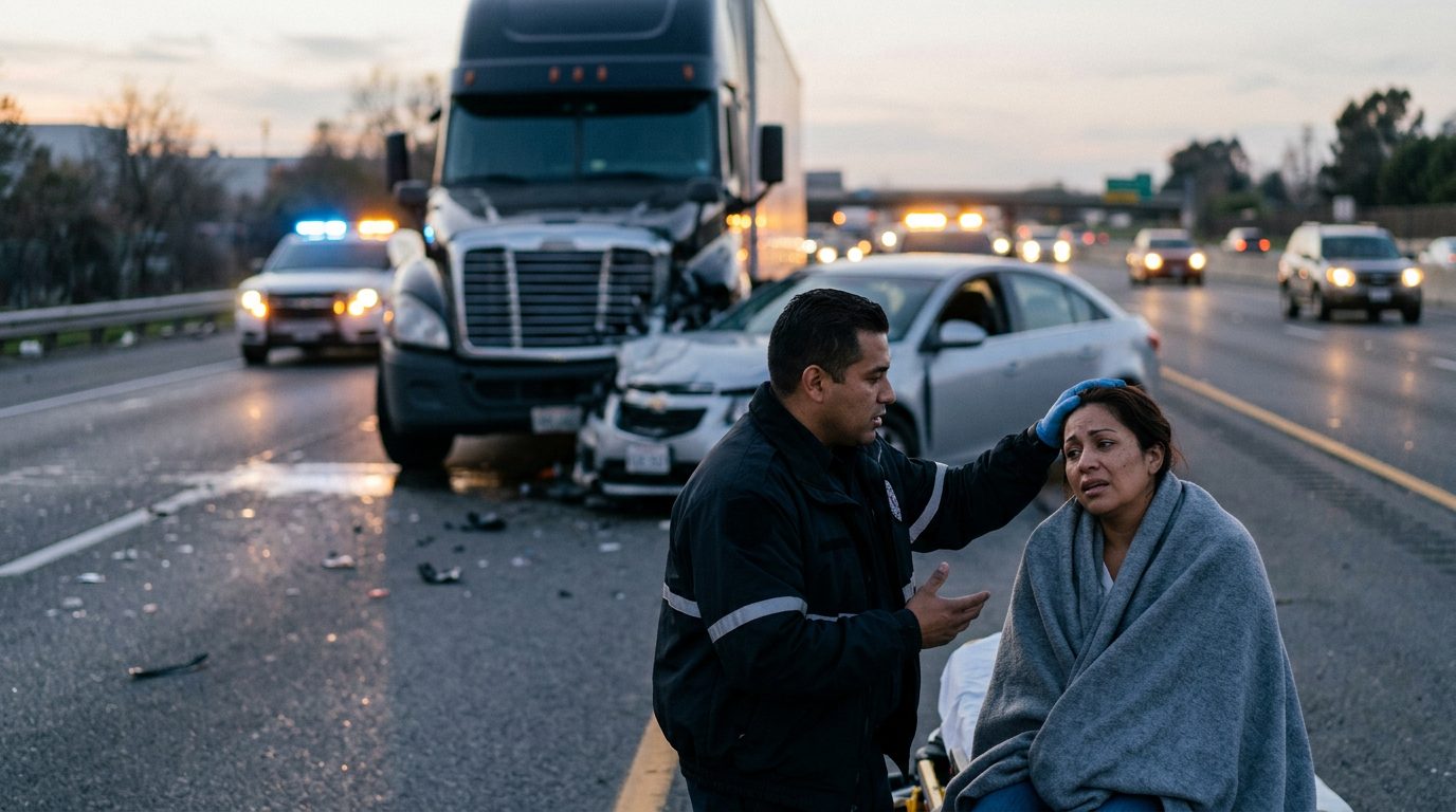 Accidente grave entre camión comercial y vehículo en autopista al atardecer.