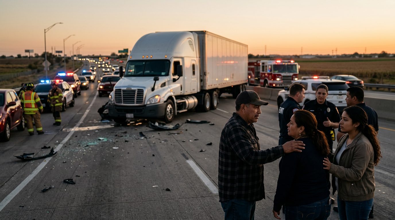 Accidente grave entre camión comercial y vehículo en carretera al atardecer.