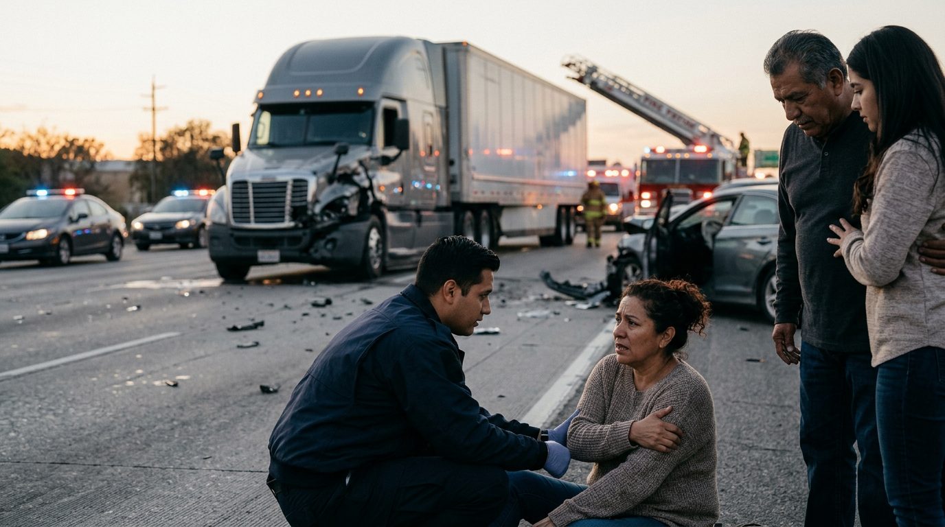 Accidente grave entre camión comercial y vehículo en carretera al atardecer.
