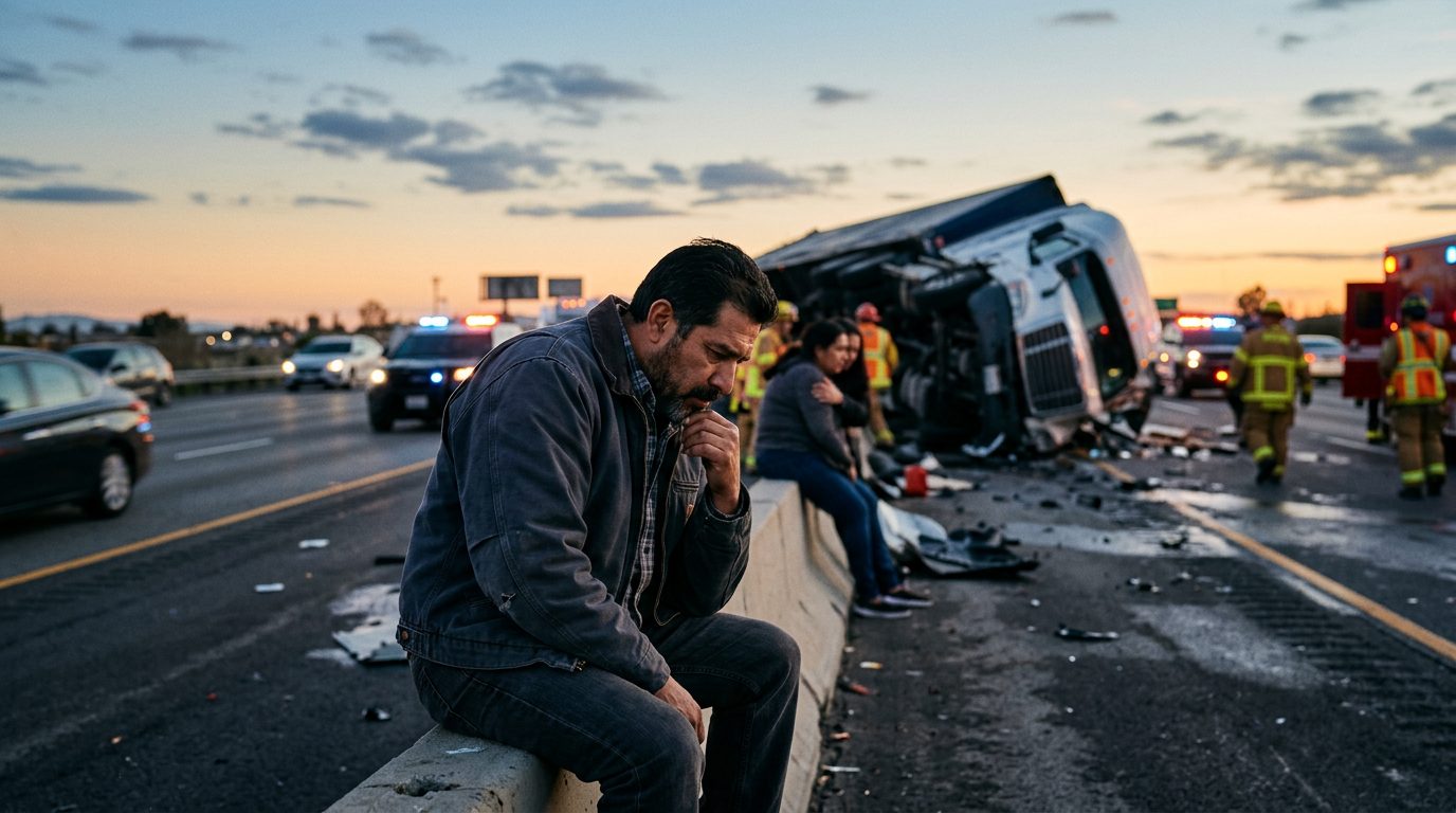 Accidente grave entre camión comercial y vehículo en carretera al atardecer.