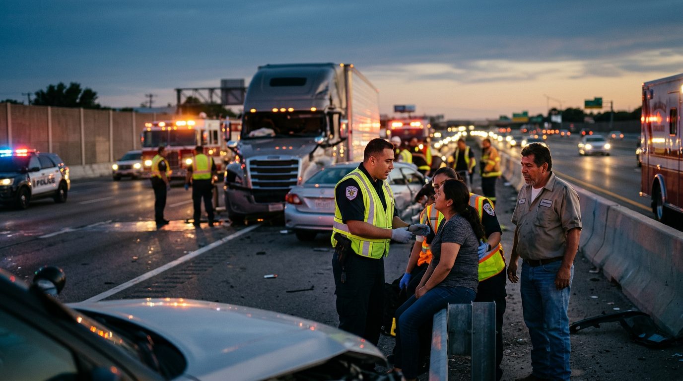 Accidente grave entre camión comercial y vehículo en carretera al atardecer.