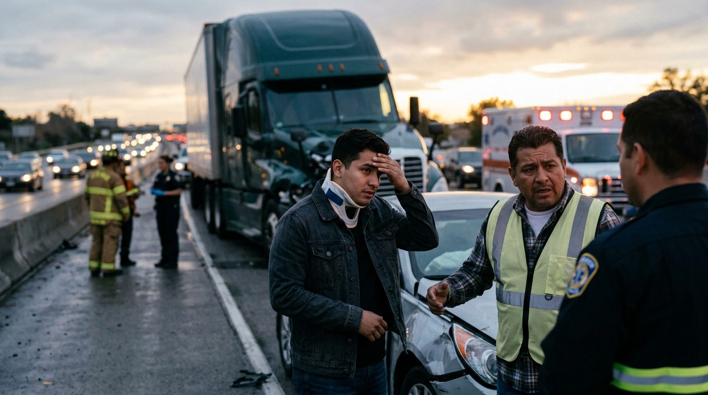 Accidente grave entre camión comercial y vehículo en carretera al atardecer.