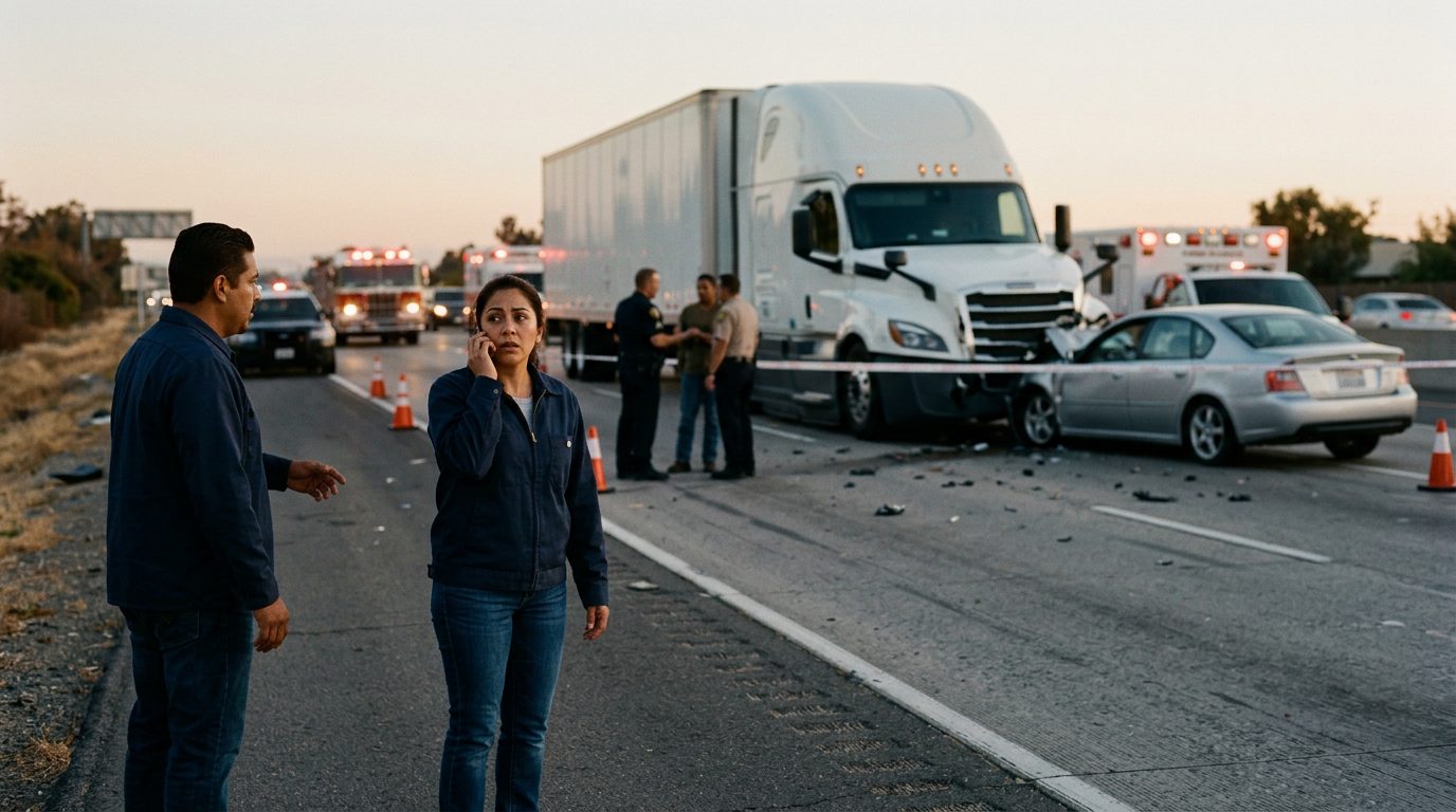 Accidente grave entre camión comercial y vehículos en carretera al atardecer.