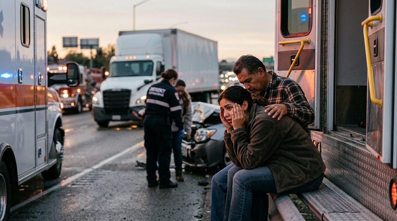 Accidente grave entre camión comercial y vehículos en carretera al atardecer.