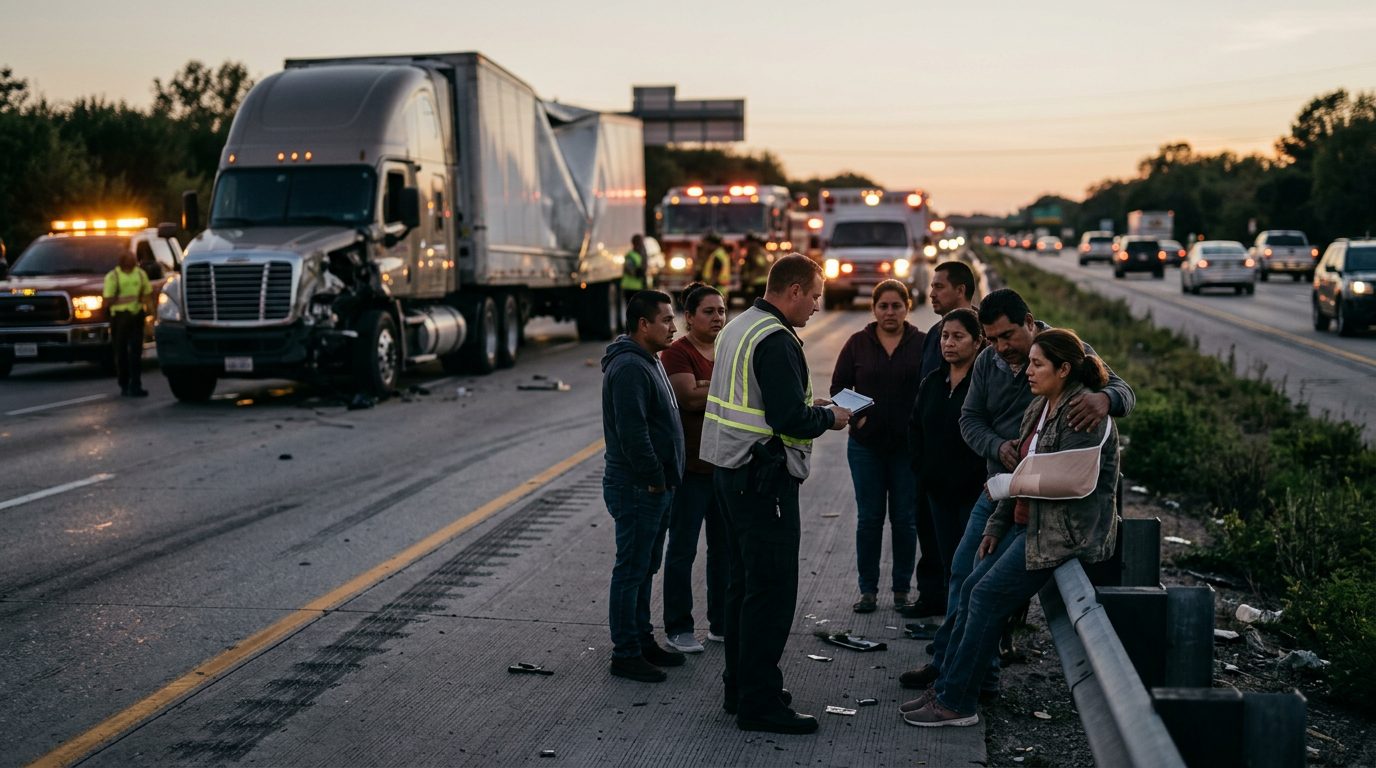 Accidente grave entre camión comercial y vehículos en carretera al atardecer.