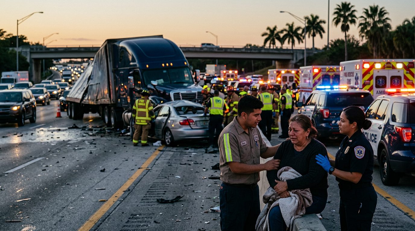 Accidente grave entre camión comercial y vehículos en carretera al atardecer.