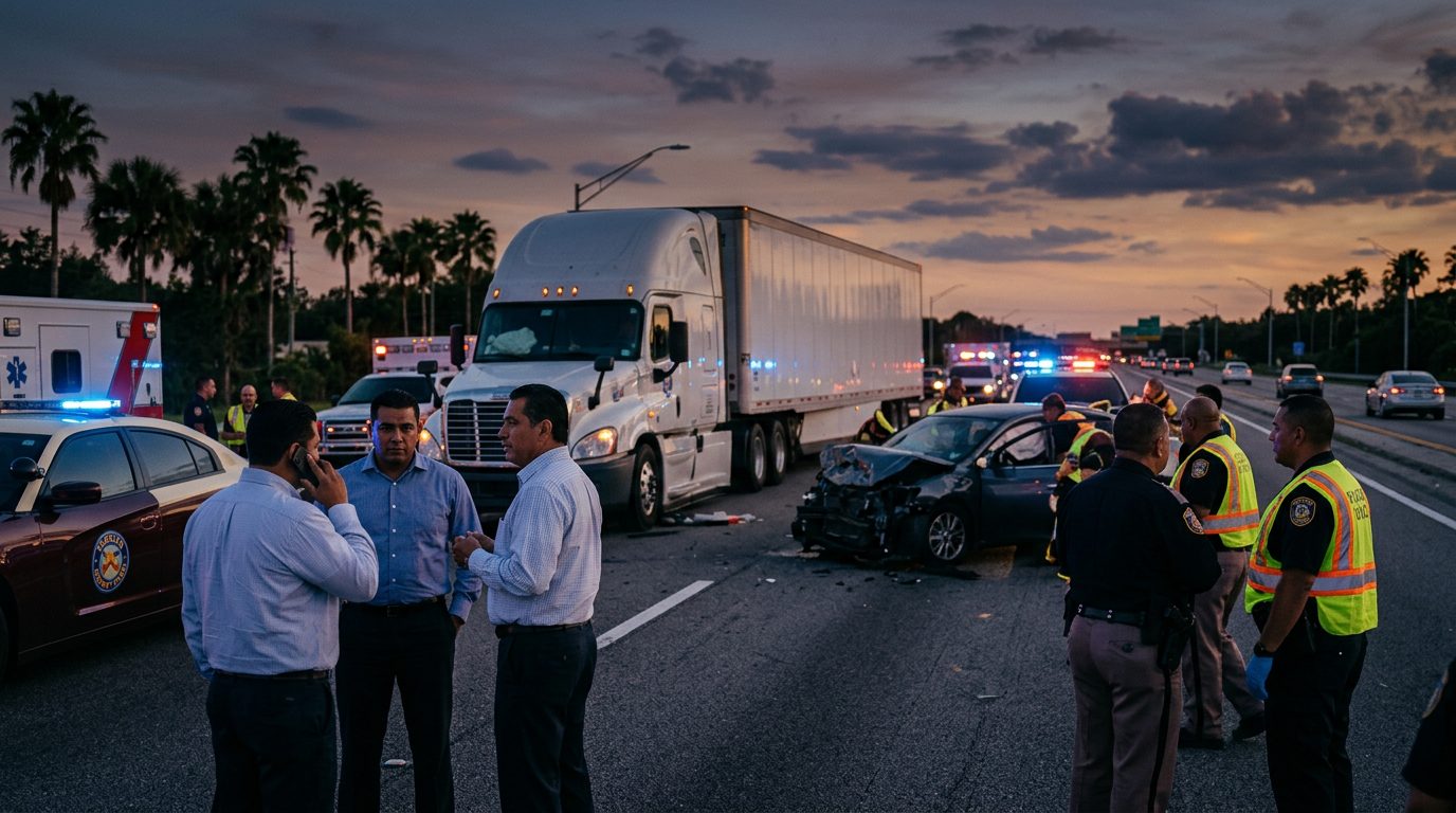 Accidente grave entre camión comercial y vehículos en carretera al atardecer en Florida.