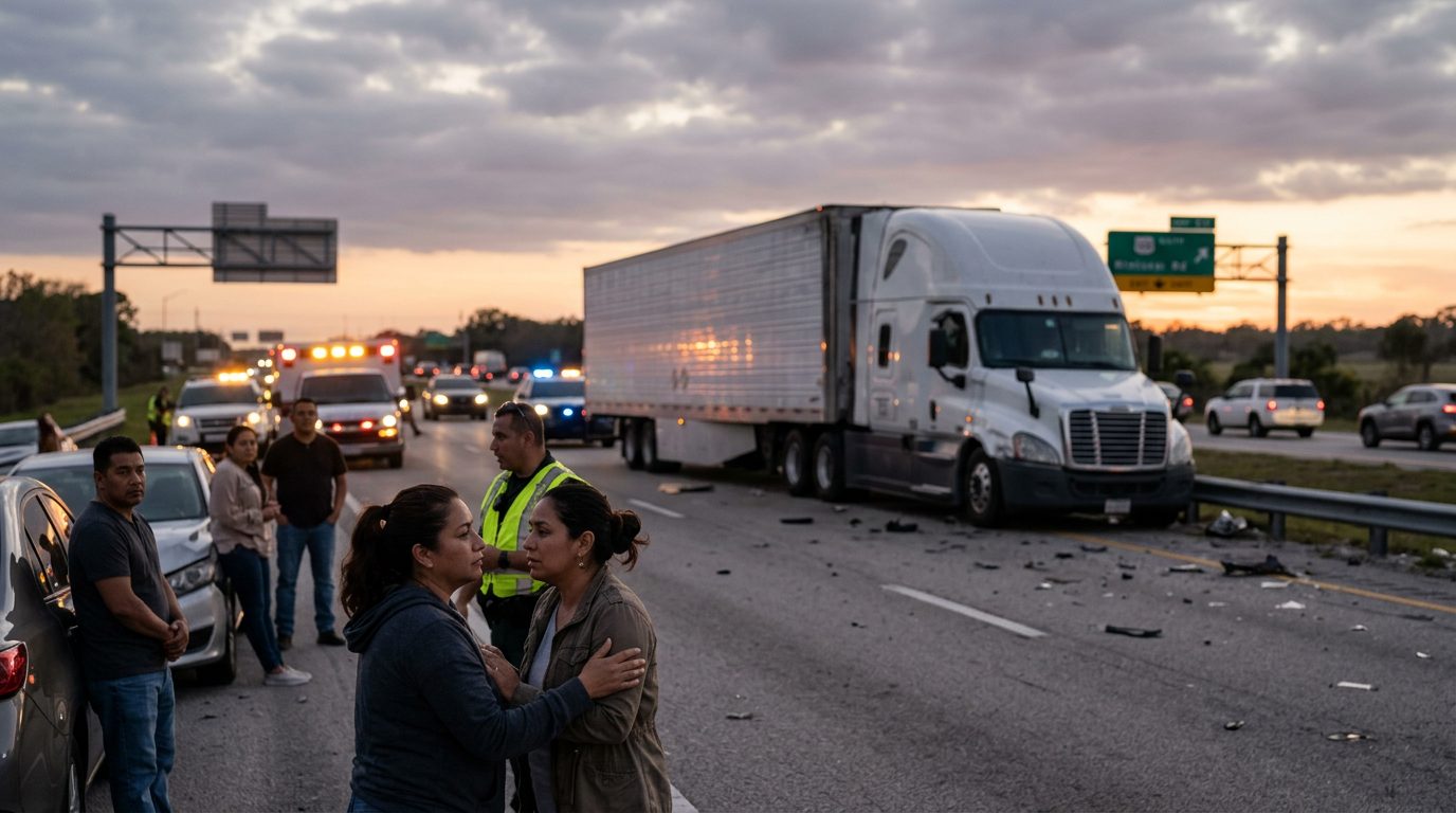 Accidente grave entre vehículos comerciales en carretera al atardecer.