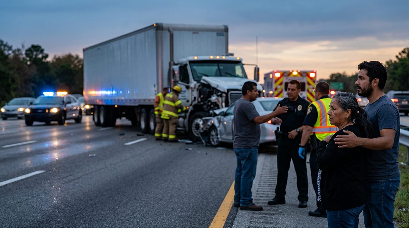 Accidente grave entre vehículos comerciales en carretera al atardecer en Tampa.