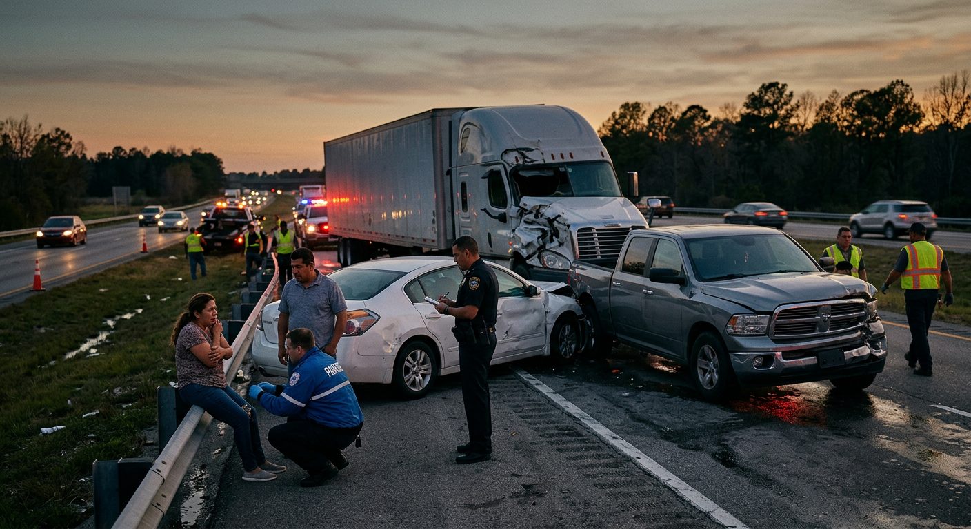 Accidente vehicular en carretera con personas revisando daños del vehículo.