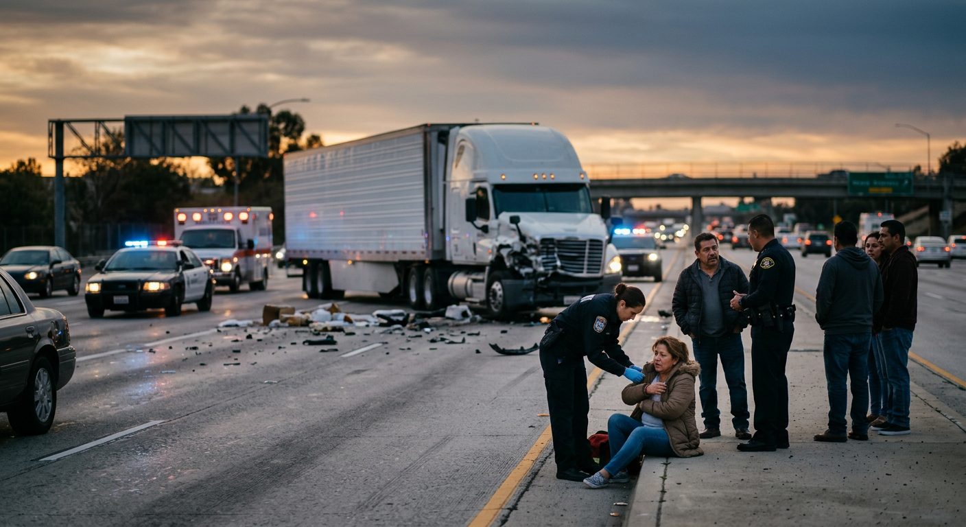 Accidente vehicular en carretera con personas revisando daños en vehículos.