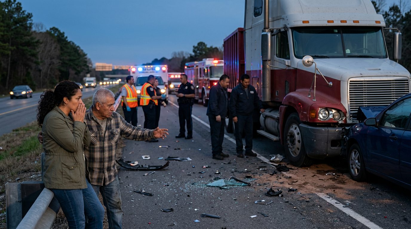 Accidente vehicular grave en autopista con personas heridas por colisión de camión comercial.