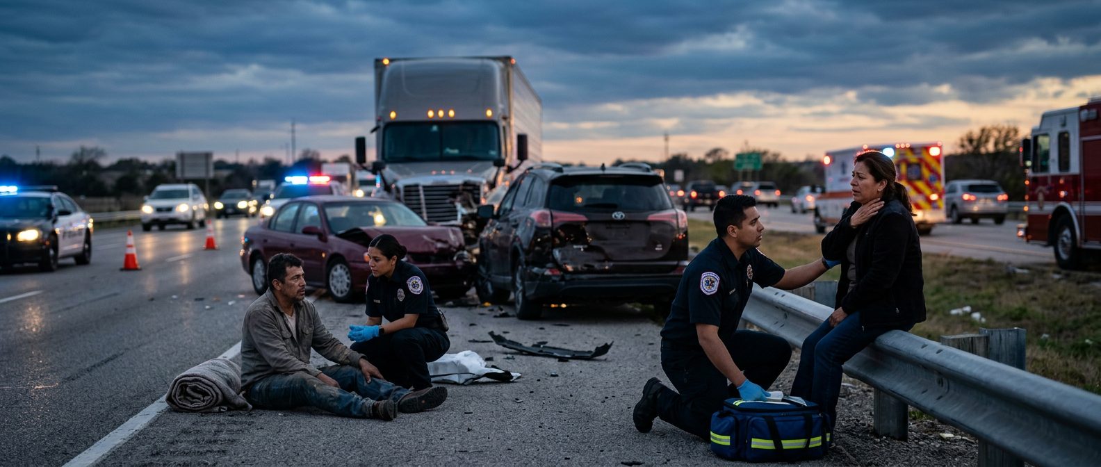 Accidente vehicular grave en carretera con camión comercial al atardecer.