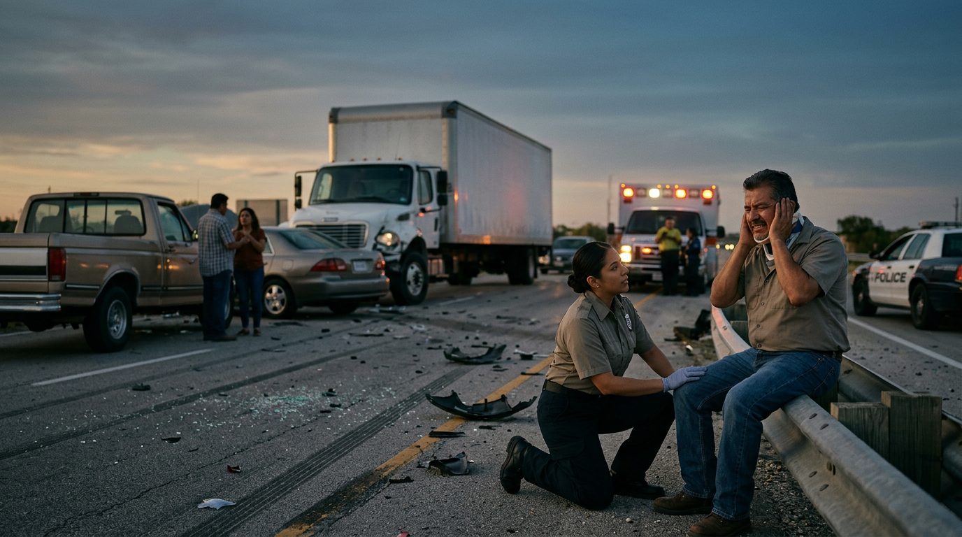 Accidente vehicular grave en carretera con personas hispanohablantes afectadas.