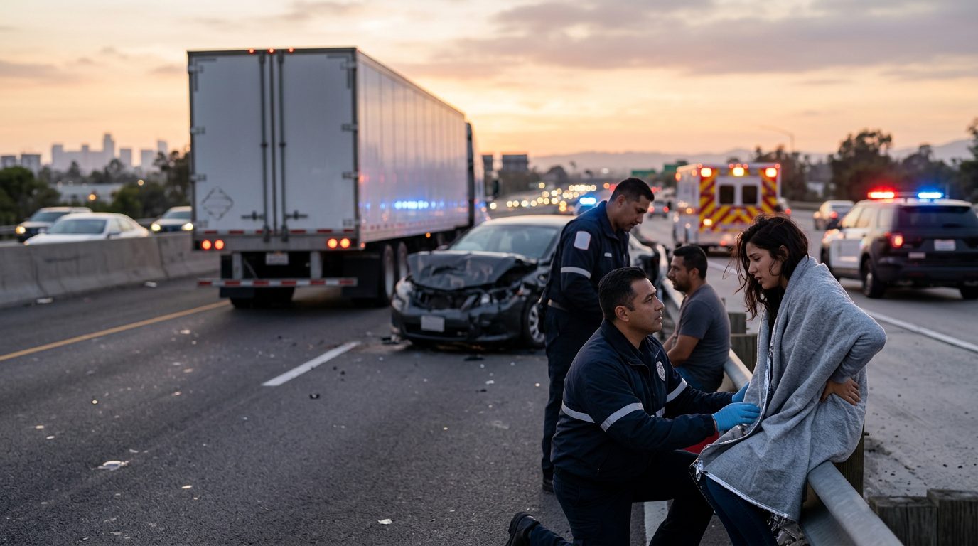 Accidente vehicular grave en carretera con personas hispanohablantes afectadas.