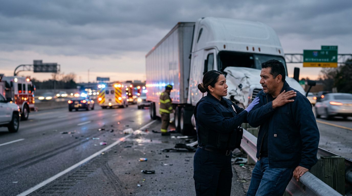 Accidente vehicular grave en carretera con personas hispanohablantes afectadas.