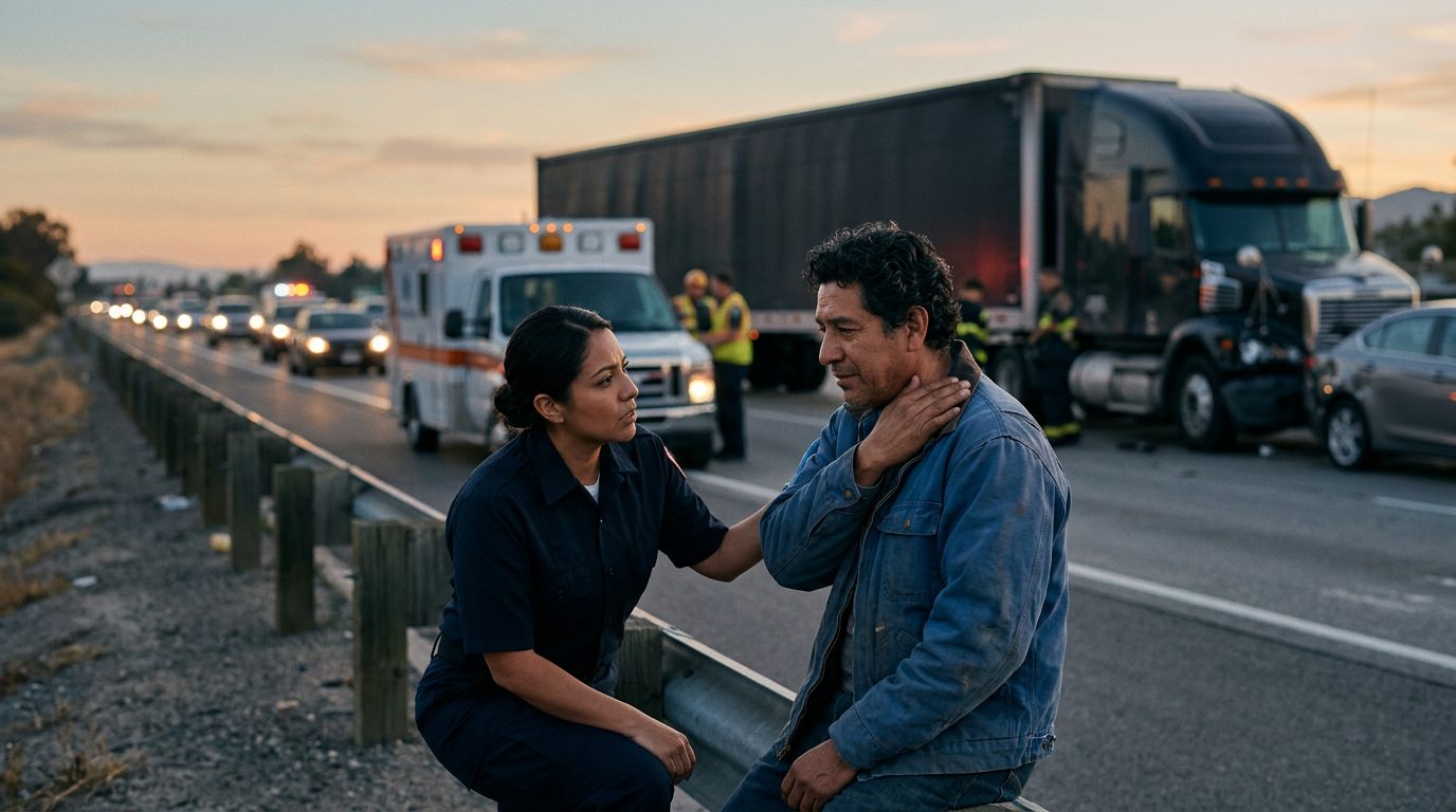 Accidente vehicular grave en carretera con personas hispanohablantes al atardecer.