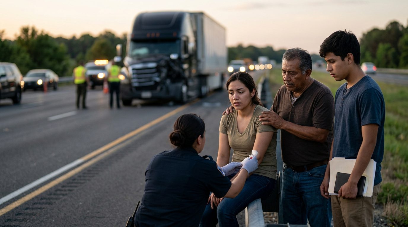 Accidente vehicular grave en carretera con personas hispanohablantes al atardecer.