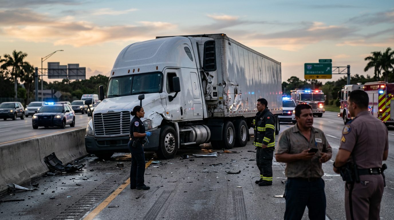 Accidente vehicular grave en carretera con personas hispanohablantes al atardecer.