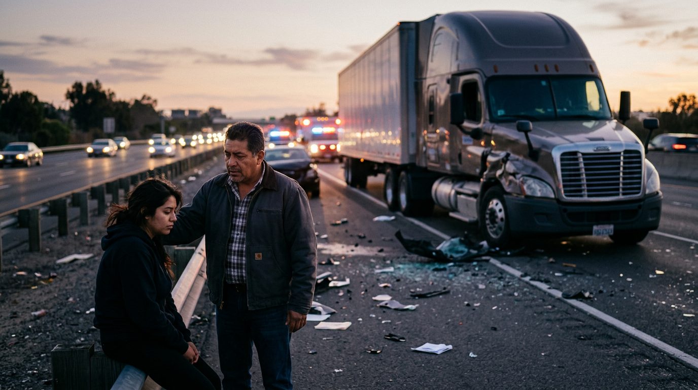 Accidente vehicular grave en carretera con vehículos dañados al atardecer.