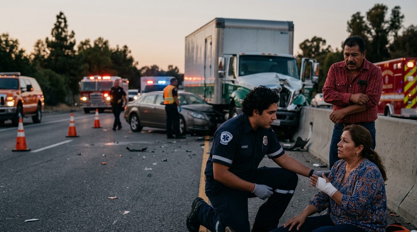 Accidente vehicular grave entre camión comercial y automóvil en carretera al atardecer.