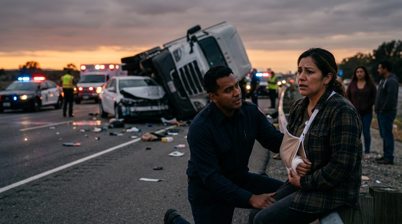 Accidente vehicular grave entre camión comercial y automóvil en carretera al atardecer.