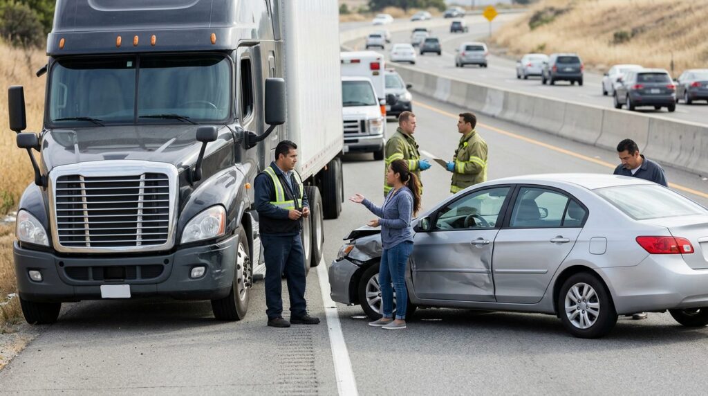 Accidente vehicular grave entre camión y auto con personas hispanohablantes.