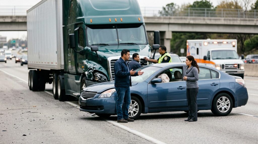 Accidente vehicular grave entre camión y auto con personas hispanas.