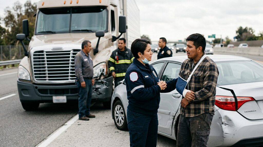 Accidente vehicular grave entre camión y automóvil con personas hispanas.