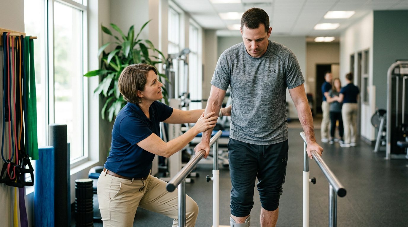 Airplane crash survivor doing physical therapy exercises with a therapist in a rehabilitation clinic.