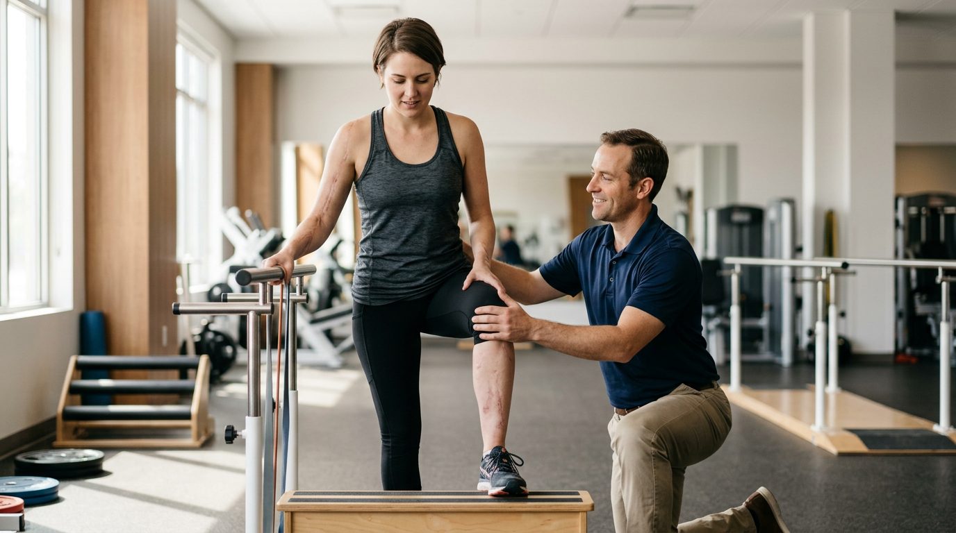 Airplane crash survivor doing physical therapy exercises with a therapist in a rehabilitation clinic.