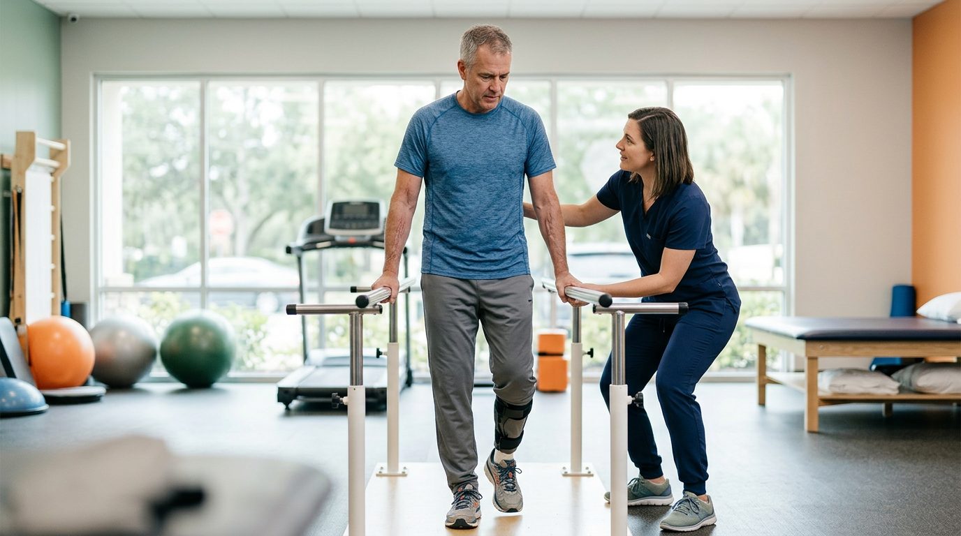 Airplane crash survivor working with physical therapist on mobility recovery in rehabilitation clinic.