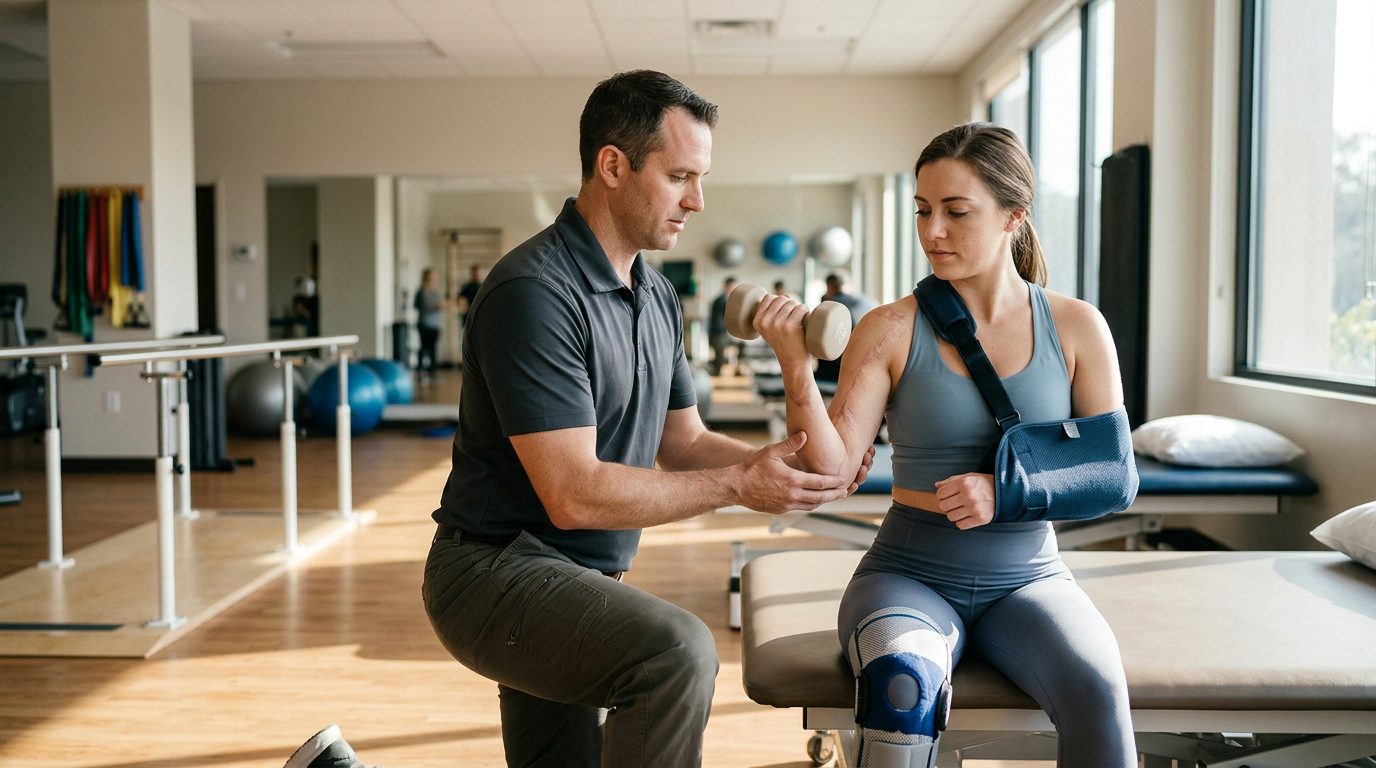 Airplane crash survivor working with physical therapist on mobility recovery in rehabilitation clinic.