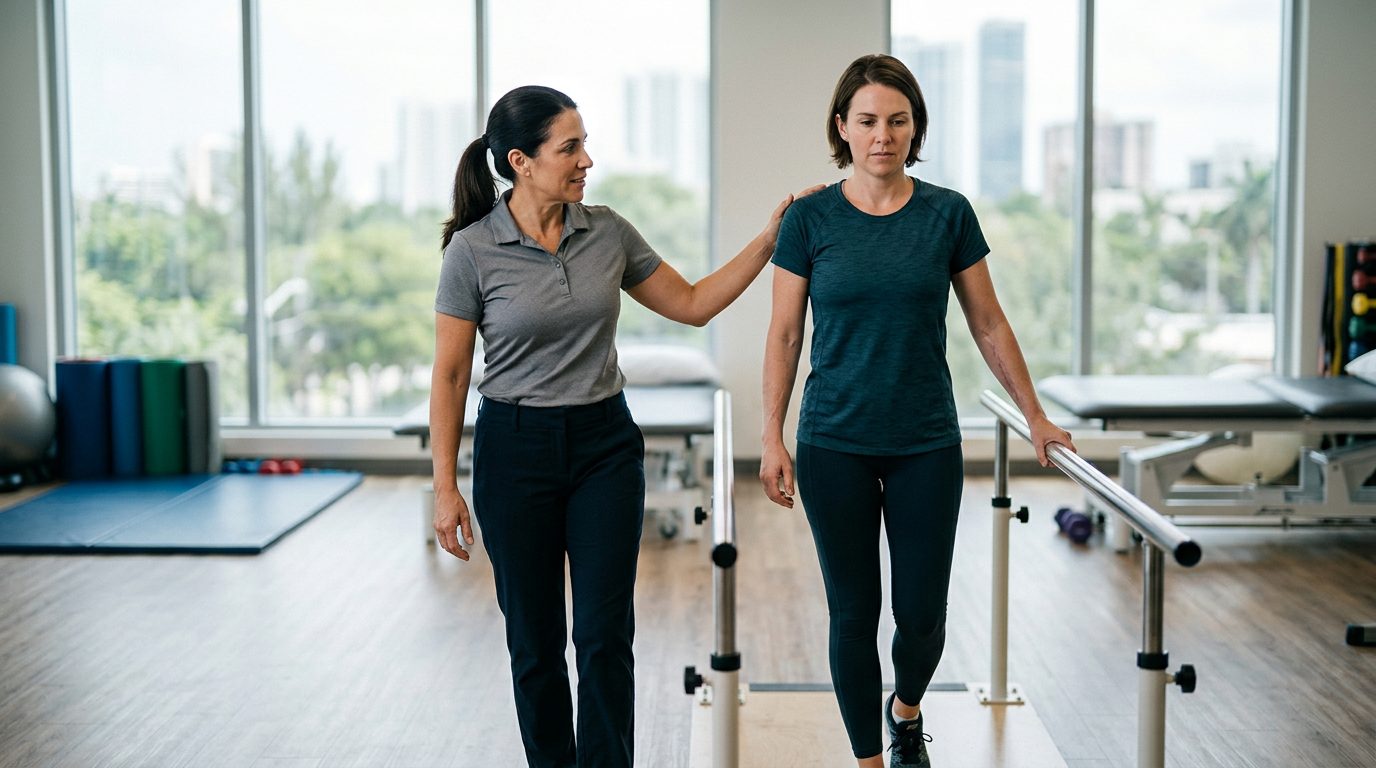 Airplane crash survivor working with physical therapist on mobility recovery in rehabilitation clinic.