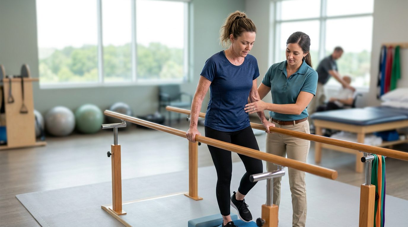 Airplane crash survivor working with physical therapist on mobility recovery in rehabilitation clinic.