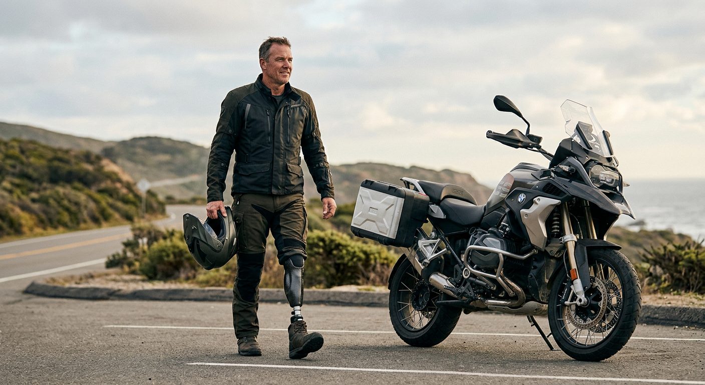 Amputee rider with prosthetic leg standing beside motorcycle, demonstrating recovery and mobility.