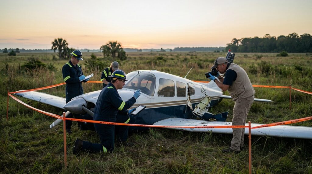 Aviation accident investigators examine aircraft fuselage at dawn in cordoned field.