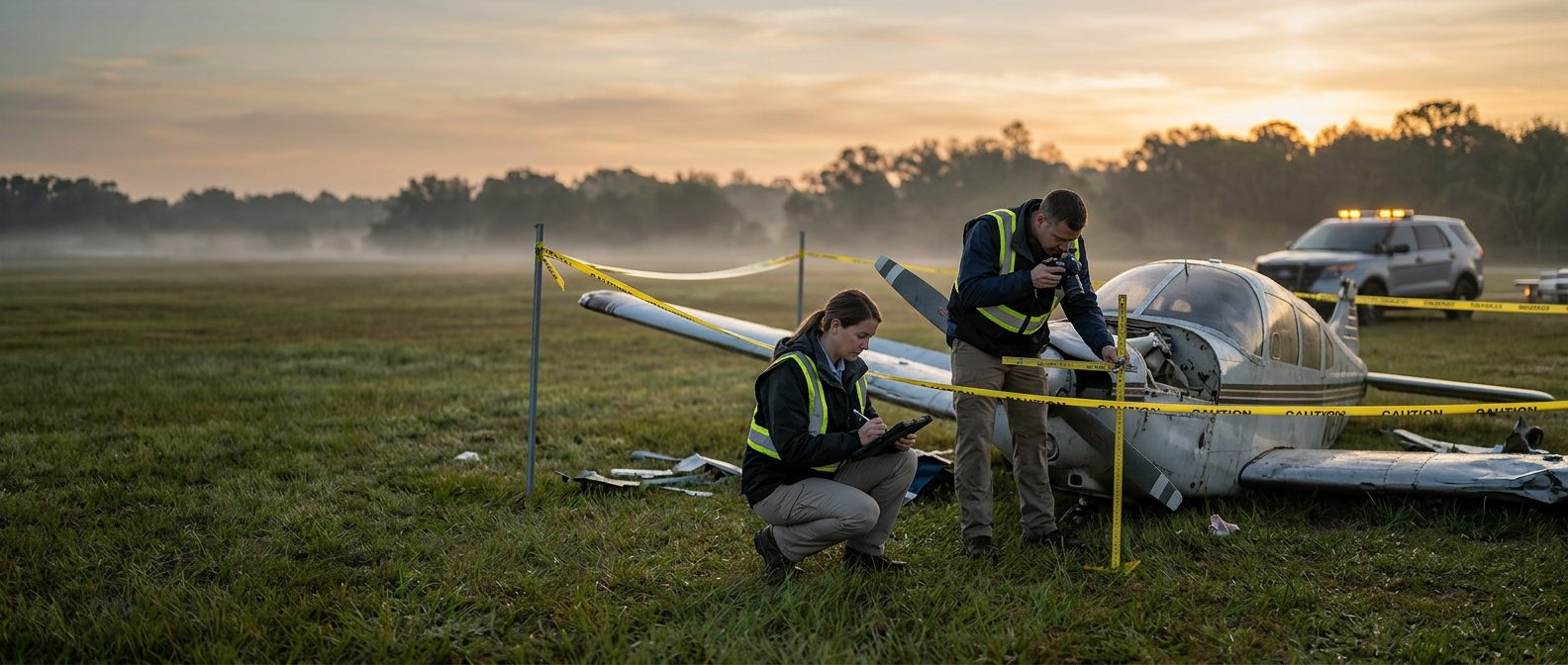 Aviation accident investigators examine small aircraft wreckage in cordoned field at dawn.