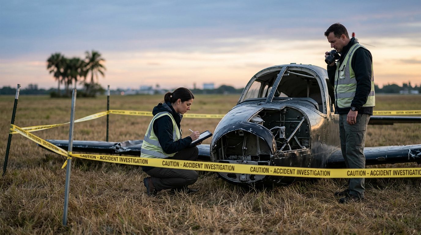 Aviation accident investigators examining small aircraft wreckage in cordoned field at dawn.