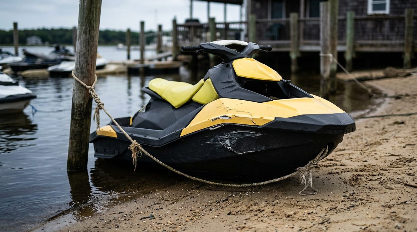 Beached jet ski with cracked hull damage at a rental dock after water collision.