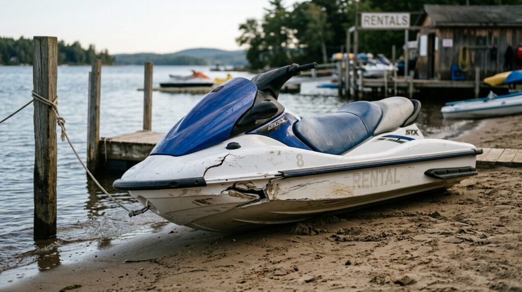 Beached jet ski with hull damage after water collision at rental livery.