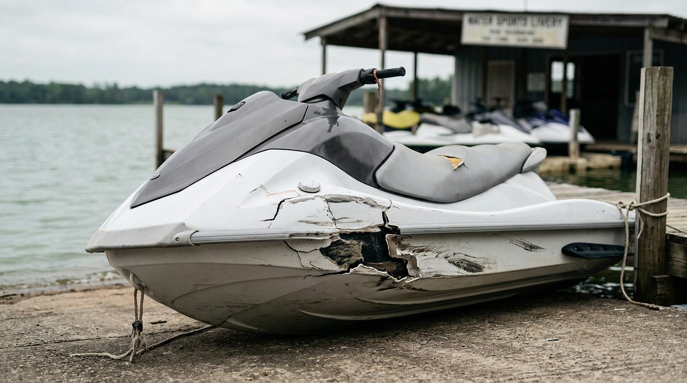Beached jet ski with hull damage after water collision at rental livery.