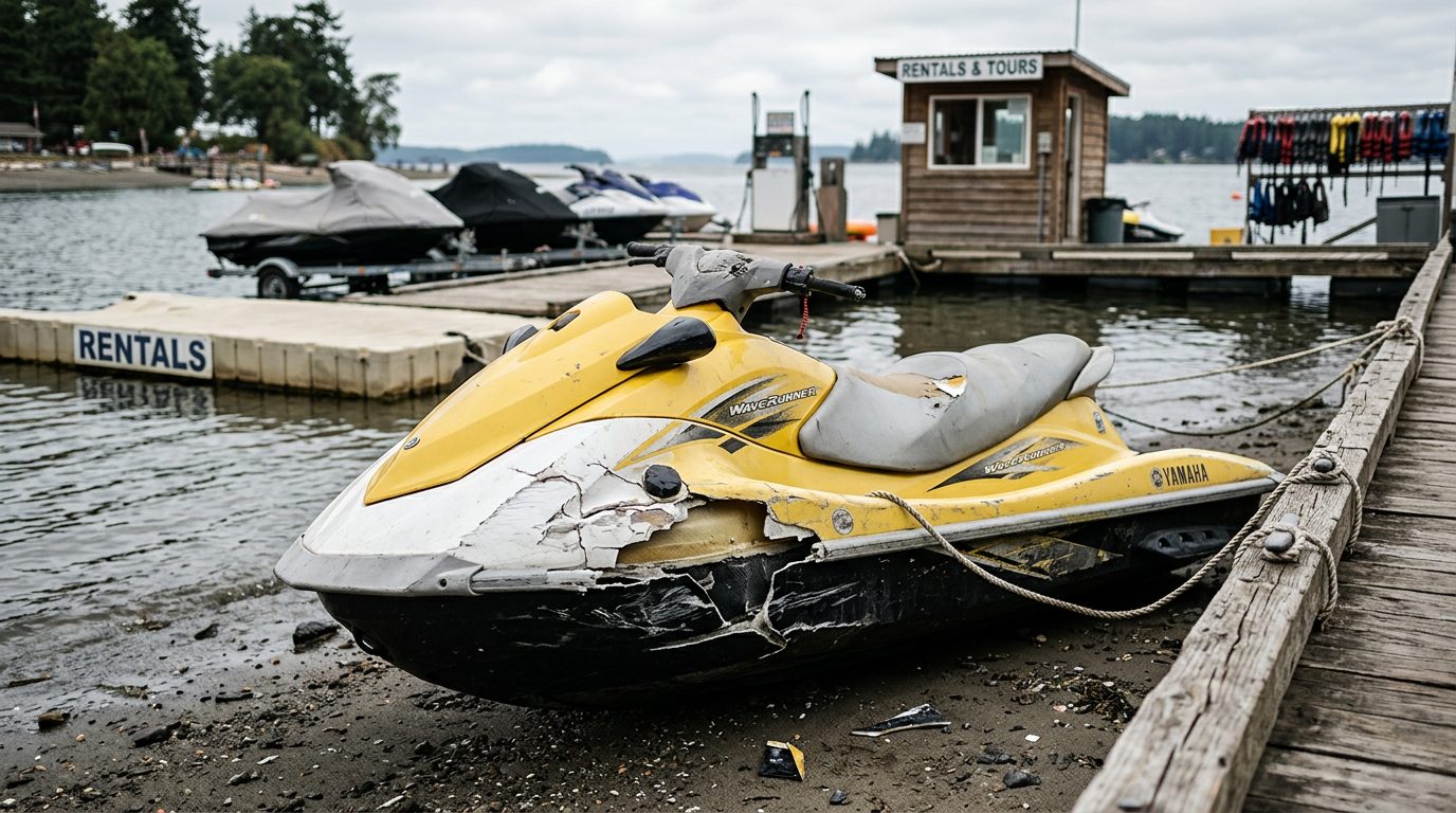 Beached jet ski with hull damage after water collision at rental livery.