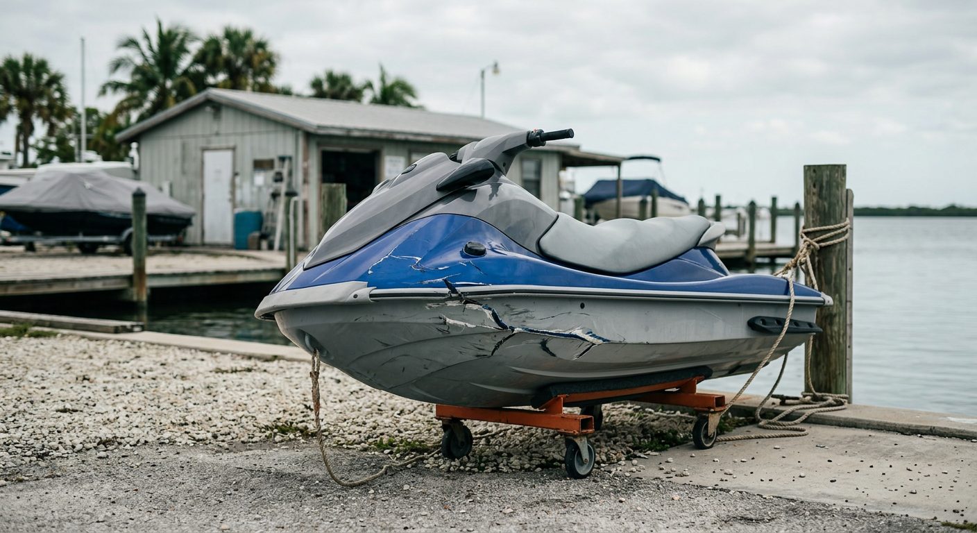 Beached jet ski with hull damage at a rental livery after water collision.